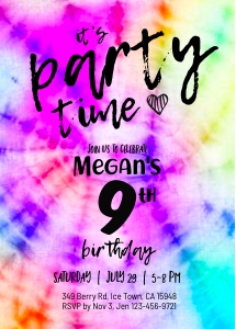 186hpa 01 TieDye party invitation 5x7 design preview