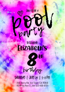 186hpa 05 TieDye POOL invitation 5x7 purples design preview