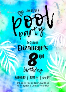 186hpa 07 TieDye POOL palms invitation 5x7 aqua design preview