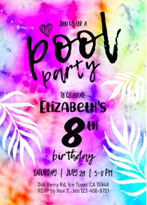 186hpa 08 TieDye POOL invitation 5x7 purples palm design preview