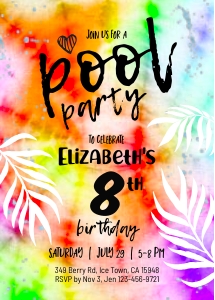 186hpa 09 TieDye POOL invitation 5x7 rainbow pool palm design preview