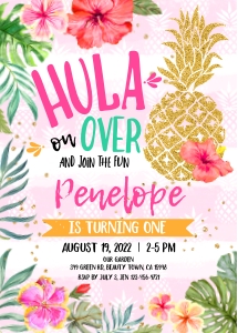 187hpa 02 hula pienapple birthday invitation 5x7: 187hpa 02 hula pineapple birthday invitation 5x7