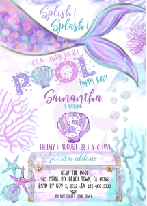 198hpa 03 Mermaid POOL 5x7 purple teal invitation: 198hpa 03 Mermaid POOL 5x7 purple teal invitation