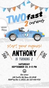 E212 03 vintage race BLUE car 2 curious evite design preview