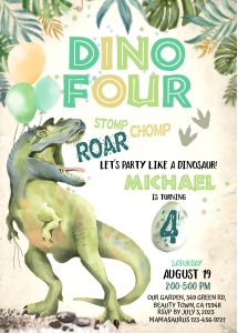 143hpa 01 Dino FOUR BDay invitation 5x7: 143hpa 01 Dino FOUR BDay invitation 5x7