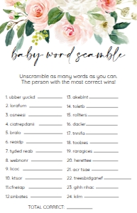10 BABY WORD SCRAMBLE GAME: 10 blush baby word scramble game
