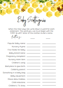 BUMBLE BEE SCATTERGORIES GAME 5X7 design preview