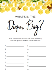 BUMBLE BEE WHATS IN THE DIAPER BAG GAME 5X7 design preview