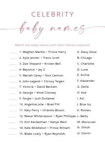 MADDIE PINK CELEBRITY BABY NAMES 5X7": MADDIE PINK BABY SHOWER GAME BUNDLE