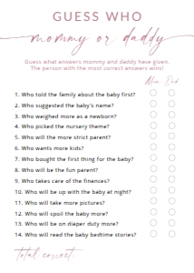 MADDIE PINK GUESS WHO MOMMY OR DADDY 5X7": MADDIE PINK BABY SHOWER GAME BUNDLE