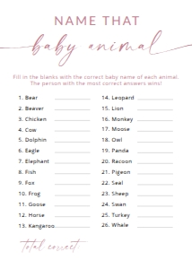 MADDIE PINK NAME THAT BABY ANIMAL 5X7": MADDIE PINK BABY SHOWER GAME BUNDLE