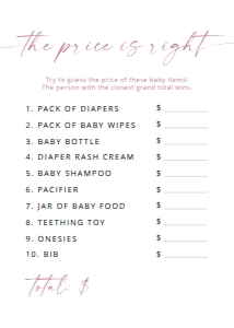 MADDIE PINK THE PRICE IS RIGHT 5X7": MADDIE PINK BABY SHOWER GAME BUNDLE