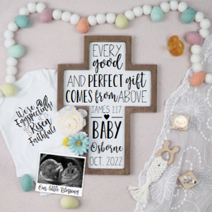 (Sonogram) Easter Christian Pregnancy Announcement (James 1:17, We're Eggspecting): Easter Christian Pregnancy Announcement (James 1:17, We're Eggspecting)