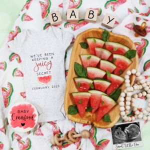 (Sonogram) Boho Watermelon Pregnancy Announcement (Juicy Secret): Boho Watermelon Pregnancy Announcement (Juicy Secret)