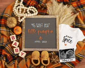 Boho Plaid Autumn Pregnancy Announcement (Little Pumpkin) design preview