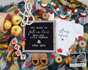 Apples, Leaves & Plaid Fall Pregnancy Announcement (Fall in Love) design preview