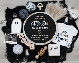 (Sonogram) B&W Boho Halloween Pregnancy Announcement (Grow Again): B&W Boho Halloween Pregnancy Announcement (Grow Again)