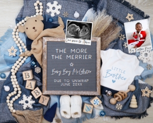 (Portrait Pic & Sonogram) Boy Plaid Christmas Pregnancy Announcement (More the Merrier): Boy Plaid Christmas Pregnancy Announcement (More the Merrier)