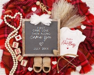 Valentines Day Red & Pink Plaid Blanket Pregnancy Announcement (First Came Love): Valentines Day Red & Pink Plaid Blanket Pregnancy Announcement (First Came Love)
