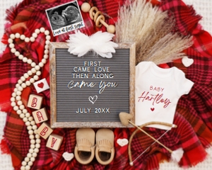 (Sonogram) Valentines Day Red & Pink Plaid Blanket Pregnancy Announcement (First Came Love): Valentines Day Red & Pink Plaid Blanket Pregnancy Announcement (First Came Love)