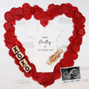 (Sonogram) Minimalist Rose Petals Onesie Valentine's Day Pregnancy Announcement: Minimalist Rose Petals Onesie Valentine's Day Pregnancy Announcement