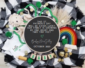 B&W Buffalo Plaid St Patrick's Day Rainbow Pregnancy Announcement (1 Heart 2 Feet) design preview