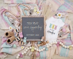 Pink & Blue Plaid Boho Peeps Easter Pregnancy Announcement (We're Eggspecting) design preview