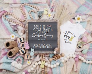Pink & Blue Plaid Boho Peeps Easter Rainbow Baby Pregnancy Announcement (Could Be, Hop in Love) design preview