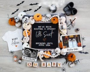 (Sonogram + Landscape Pic) Pumpkin Skulls Halloween Pregnancy Announcement (Spooky Secret): Pumpkin Skulls Halloween Pregnancy Announcement (Spooky Secret)
