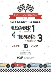 Multicolor Race Car Invitation - Joint Birthday - 5x7: Multicolor Race Car Invitation - 5x7 Vertical
