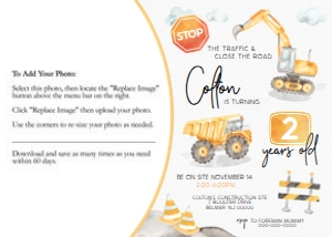 Construction Birthday - Watercolor Invitation - 5x7 - Photo: Construction Birthday - Watercolor Invitation - Photo
