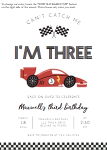 Racer Birthday - Invitation - I'm Three - 5x7: Racer Birthday - Party Bundle