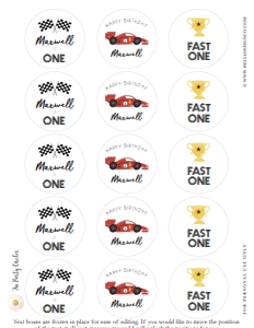 Racer Birthday - Age 1 - Party Circles - 2in - Print, Cut or Hole Punch: Racer Birthday - Party Circles - 2in