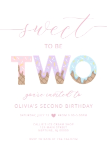 Ice Cream Birthday - Letters - Invitation - Sweet to Be 2 - Pink Blue - 5x7: Ice Cream Birthday - Letters - Invitation - Sweet to Be 2 - Pink Blue
