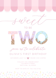 Ice Cream Birthday - Parlor - Invitation - Sweet to be Two - Pink Blue - 5x7: Ice Cream Birthday - Parlor - Invitation - Sweet to be Two - Pink Blue