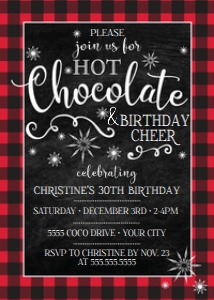 SEM-Hot Chocolate BIRTHDAY CHEER Invite Buffalo Plaid 5x7 design preview