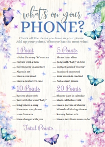 SEM-Butterfly Lilac-Baby Shower-What's on Your Phone-GAME-5x7: SEM-Butterfly Lilac-Baby Shower-What's on Your Phone-GAME-5x7