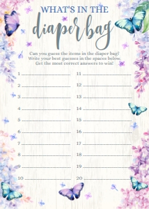 SEM-Butterfly Lilac-Baby Shower -What's in the Diaper Bag-GAME-5x7: SEM-Butterfly Lilac-Baby Shower -What's in the Diaper Bag-GAME-5x7