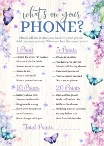 SEM-Butterfly Lilac-BRIDAL Shower-What's on Your Phone-GAME: SEM-Butterfly Lilac-BRIDAL Shower-What's on Your Phone-GAME