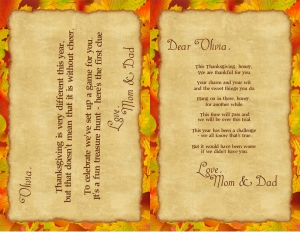 Message: Thanksgiving: THC1747 OUTDOOR puzzle clues