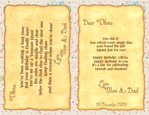 Message: Birthday: THC1747 OUTDOOR puzzle clues