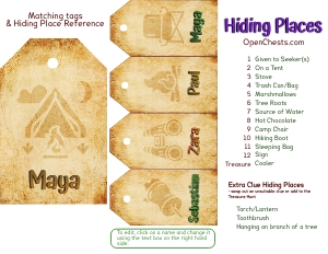 THC1814e: Camping tags and hiding places: THC1814 Camping Puzzle Clues