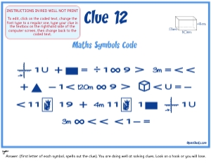 THC1761l: Maths Clue 12 Symbols Code: Maths Game for older kids puzzle Scavenger Hunt Clues