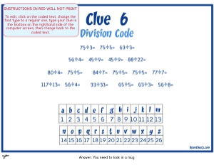 THC1761f: Clue 6 Division code: Maths Game for older kids puzzle Scavenger Hunt Clues