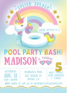 Ed34 Unicorn Pool Party Bash Birthday Invitation design preview