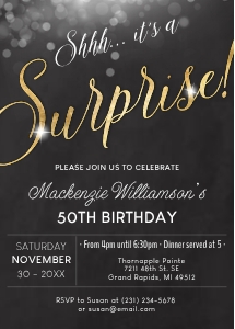 Surprise Birthday Invitation Invite Party ANY AGE Gold Glitter & Black Digital INSTANT download 5x7 Editable B27 design preview