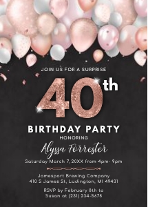 Rose Gold Blush Pink Balloons 40th Birthday Invitation - Adult Forty Invite - Surprise Party - Digital INSTANT download Women's B40 BD40BB design preview