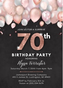 Rose Gold Blush Pink Balloons 70th Birthday Invitation - Adult SEVENTY Invite - Surprise Party - Digital INSTANT Download Women's B40 BD40BB design preview