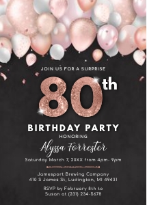 Rose Gold Blush Pink Balloons 80th Birthday Invitation - Adult EIGHTY Invite - Surprise Party - Digital INSTANT Download Women's B40 BD40BB design preview