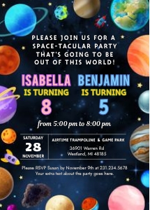 Dual Double Joint Birthday Planet Birthday Invitation - Outer Space Party Invite - Space Themed Birthday Party - Digital Download - BK8 design preview
